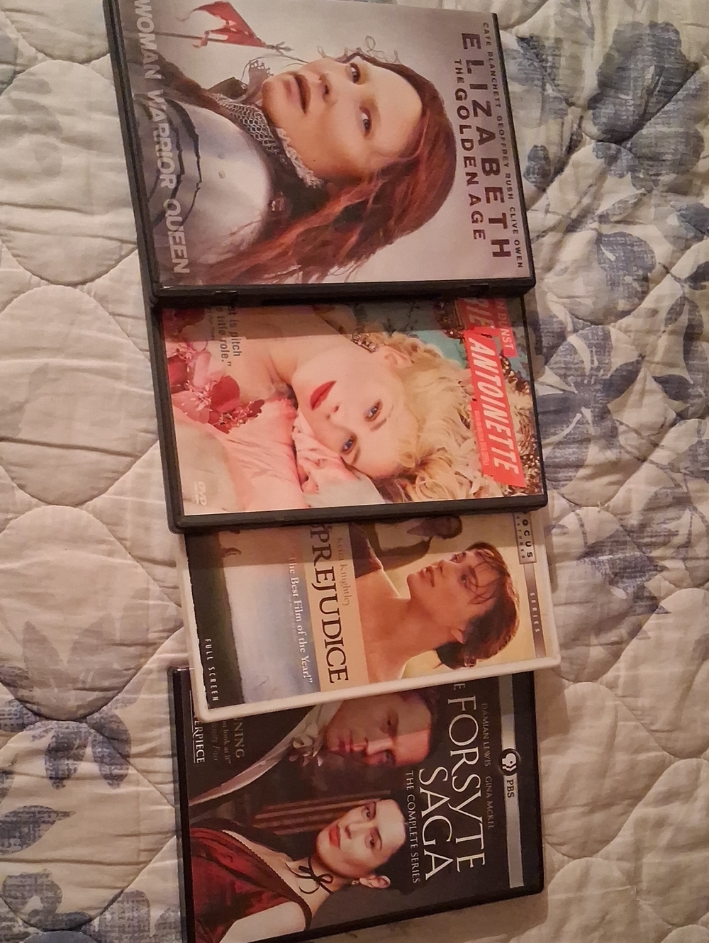 4 DVDs. Elizabeth, Marie Antoinette, Pride And Prejudice, Forsythe Saga